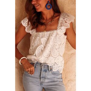 Boho White Crochet Crop Top | Lined w/ Pom Trim & Flutter Sleeves | Size M